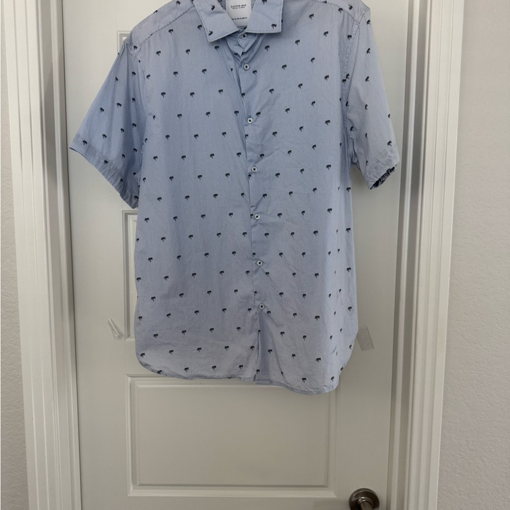 Palm tree on blue and white thin stripe short sleeve  Shirt